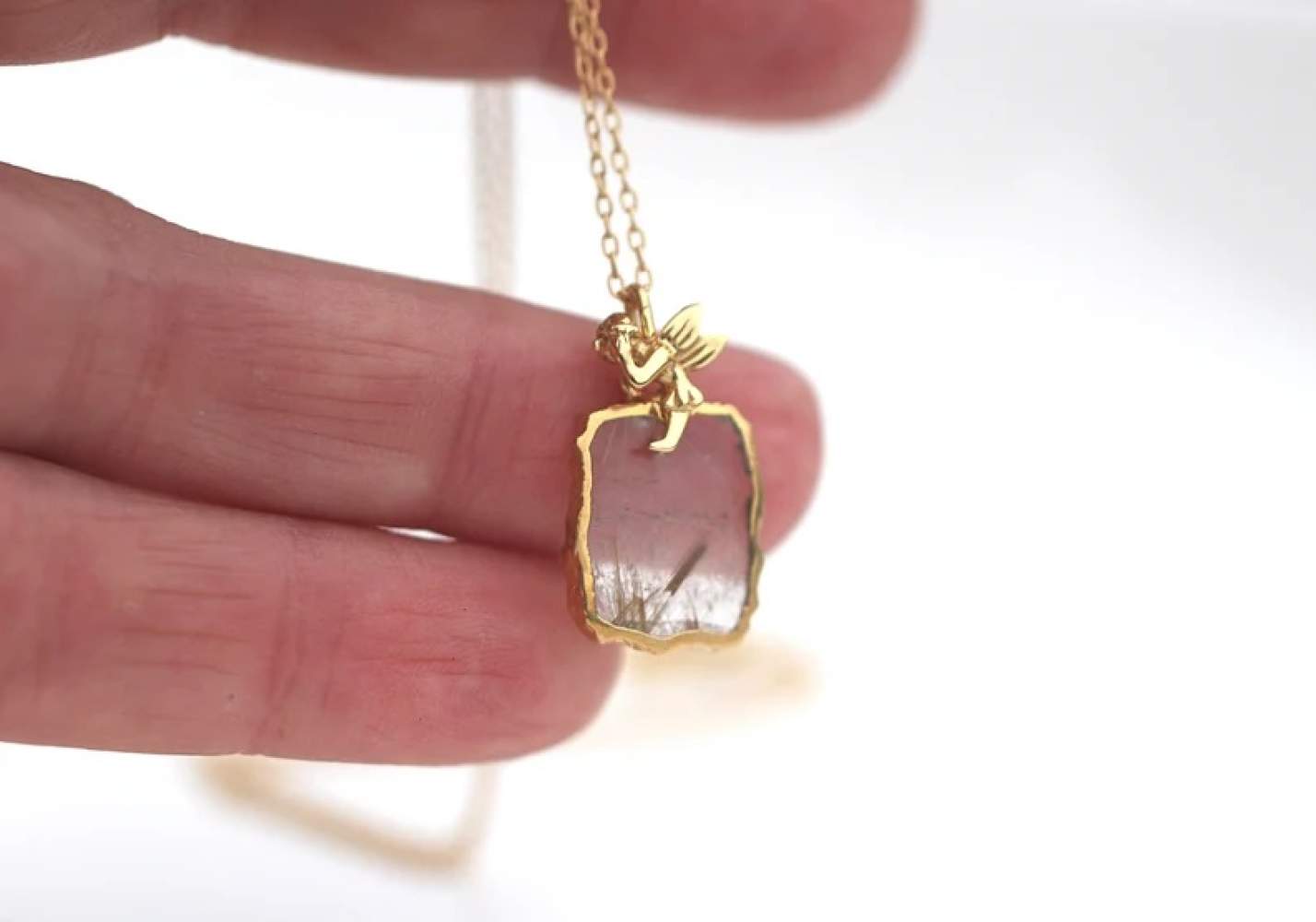 Angel Hair rutilated quartz necklace. 18k gold over sterling silver. Dainty angel fairy necklace
